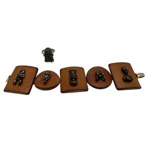 Vintage Tiki Bracelet & Adjustable Ring Wood Brass Green Stone Mid Century